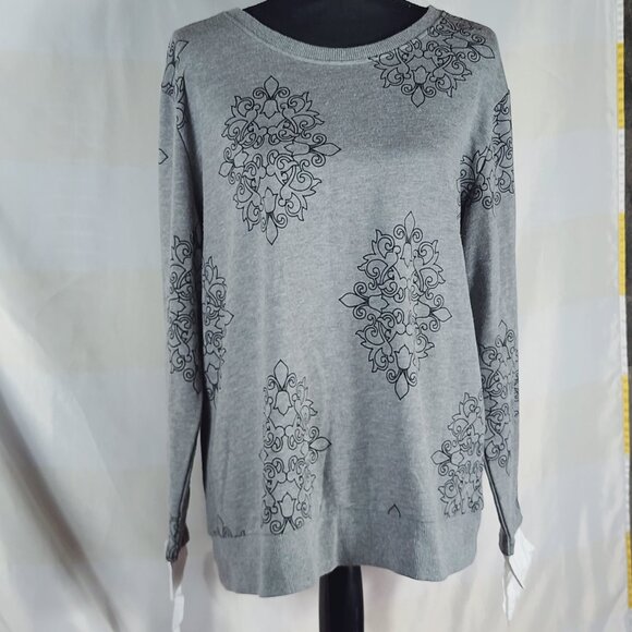 St. John's Bay Sweaters - St. Johns Bay Grey Black Floral Pattern LS White Woven Tie Cuffs Sweater Size XL